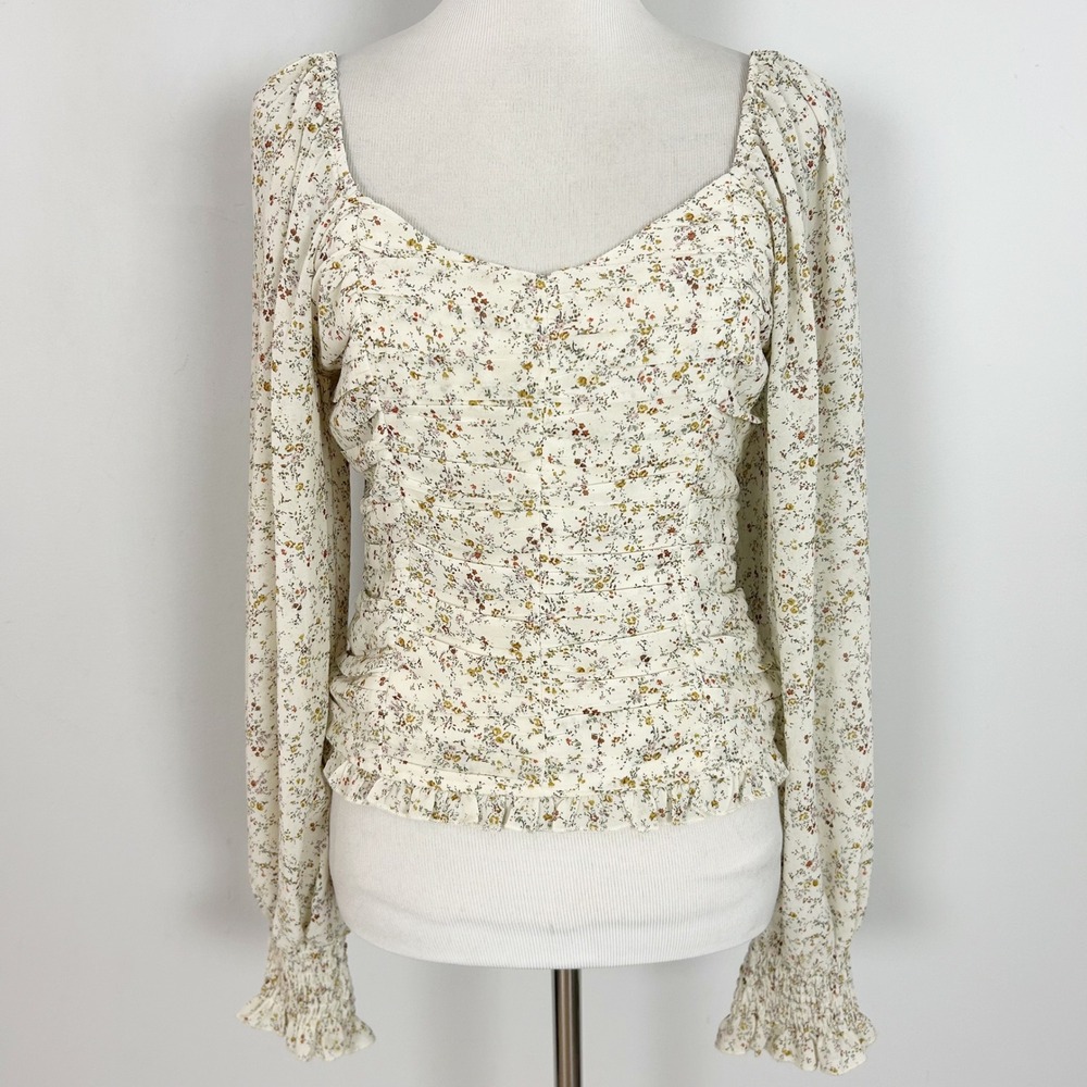 Altar'd State Floral Ruched Smocked Blouse Cream Long Sleeve Size Large